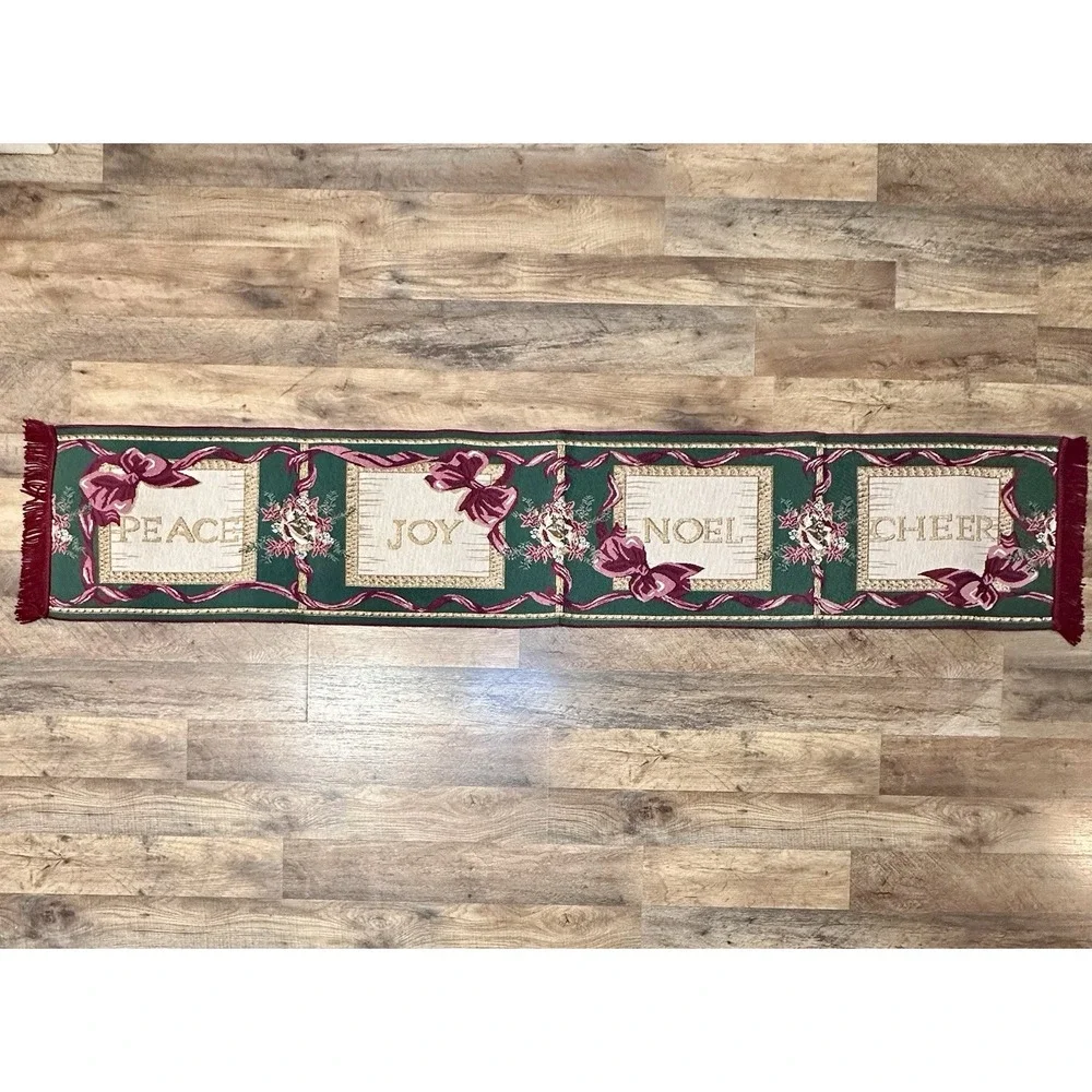 NWOT Christmas Tapestry Table Runner Peace Joy Noel Cheer 6'x 13.25
